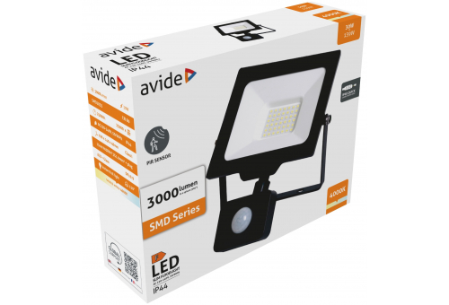 Avide LED Flood Light Slim SMD 30W NW 4000K PIR with Quick Connector